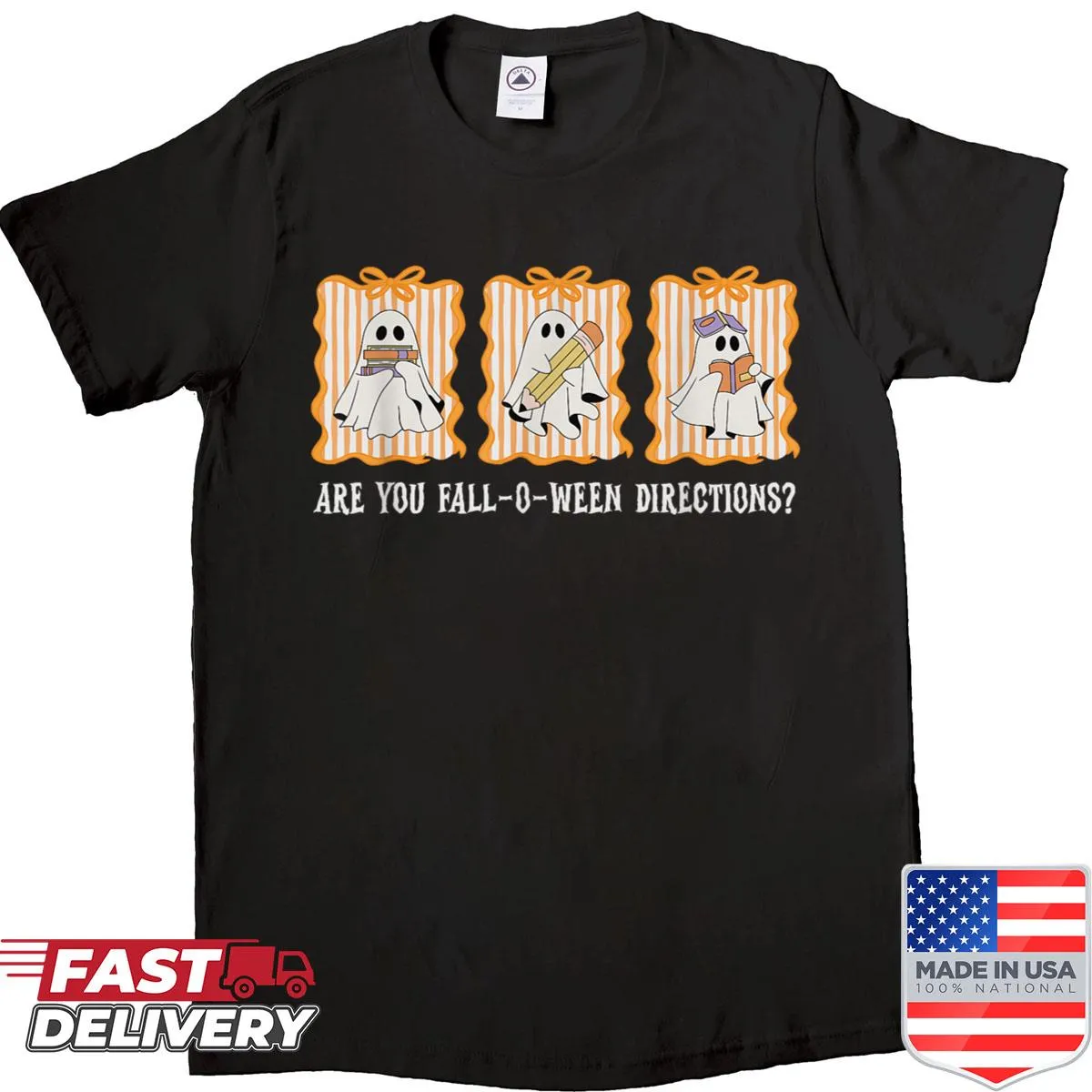 Teacher-themed Halloween shirt with ghost graphics and text