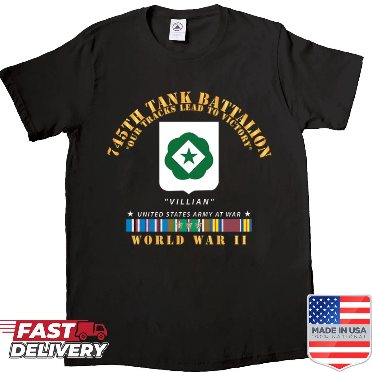 Army 745th Tank Battalion emblem on a proud service shirt