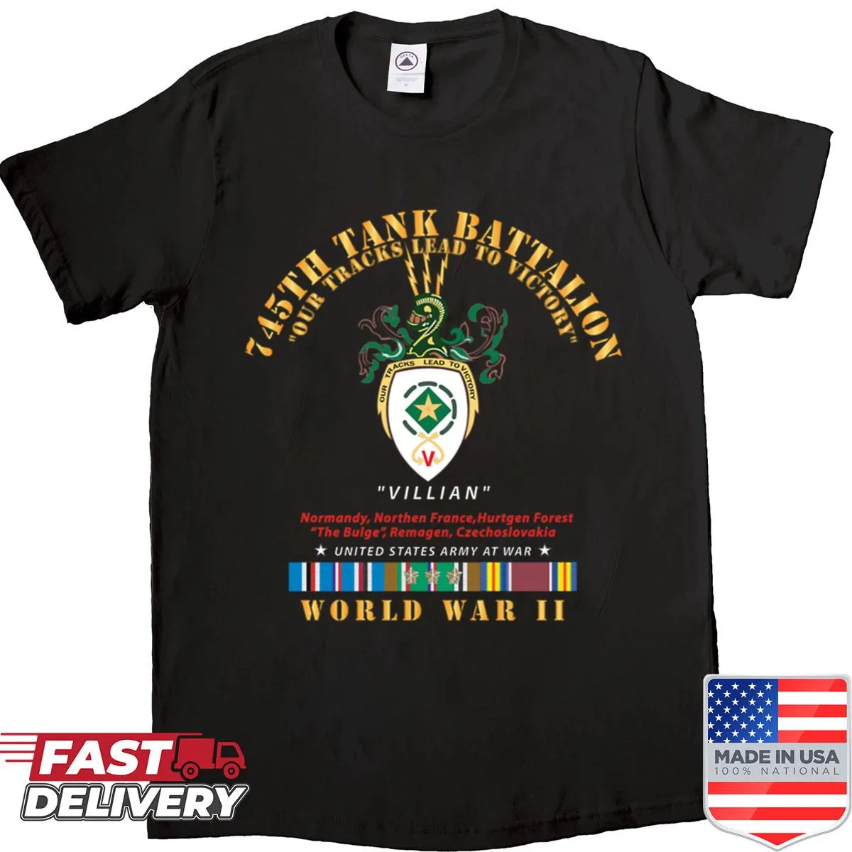 Shirt featuring the crest of the 745th Tank Battalion from WWII