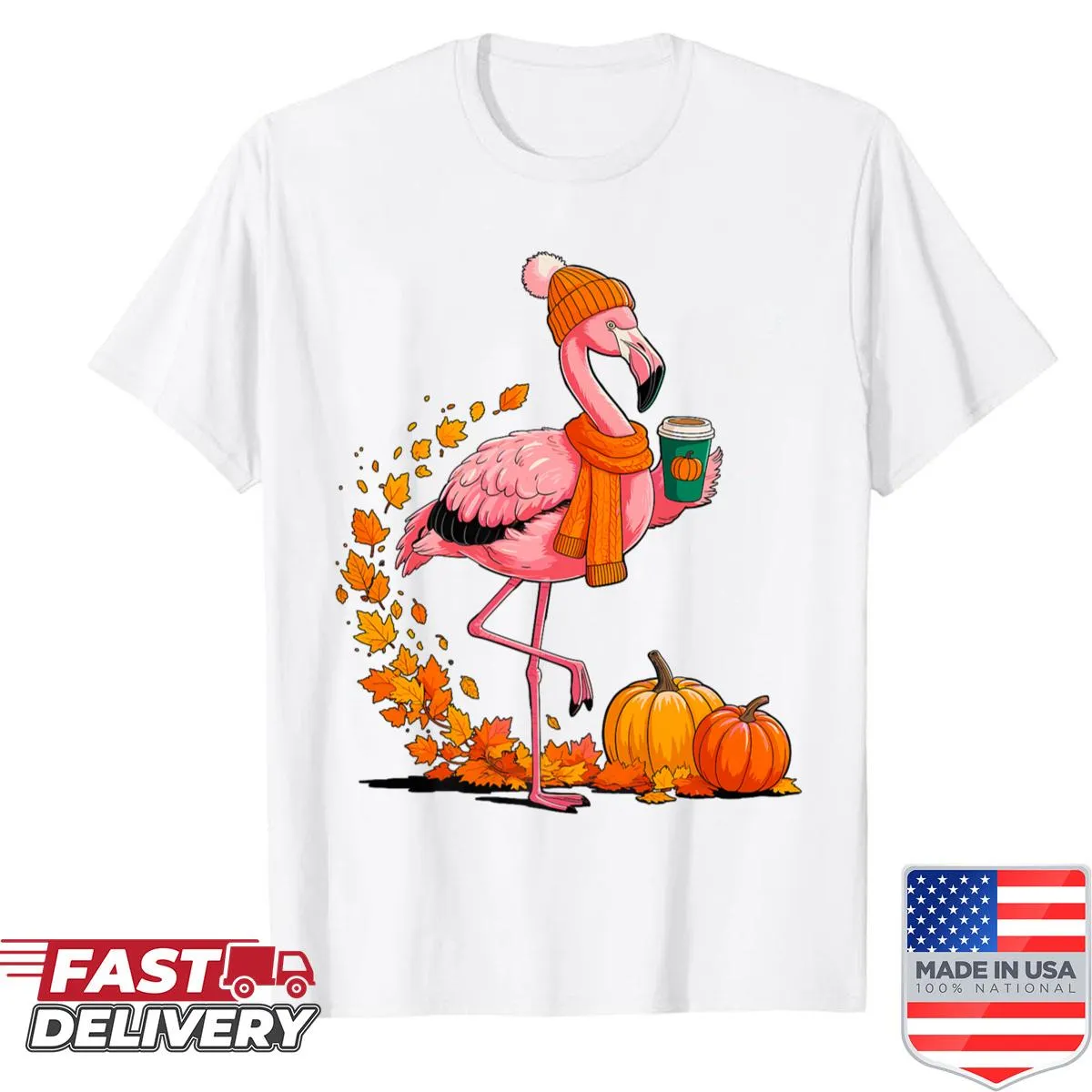 Autumn-themed shirt with flamingo and pumpkin spice illustration