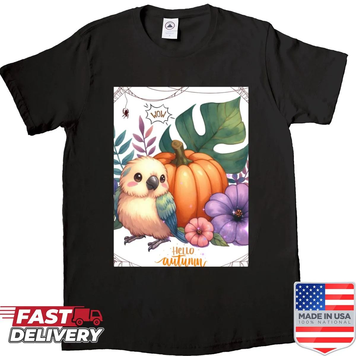 Cute illustration of a parrot with pumpkins on a shirt
