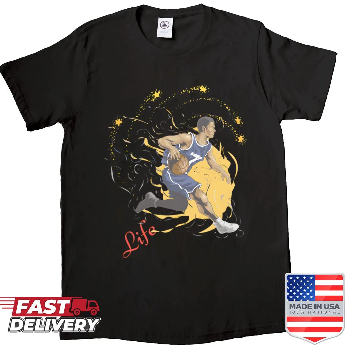 Dynamic dribble artwork on Basketball Life T-shirt