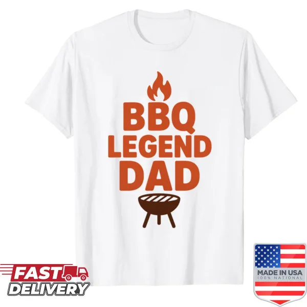Bold typography shirt saying 'Bbq Legend Dad' for proud fathers.