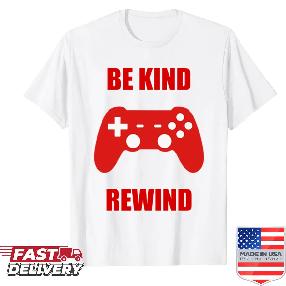 Retro vibe shirt with 'Be Kind Rewind' text in nostalgic typography