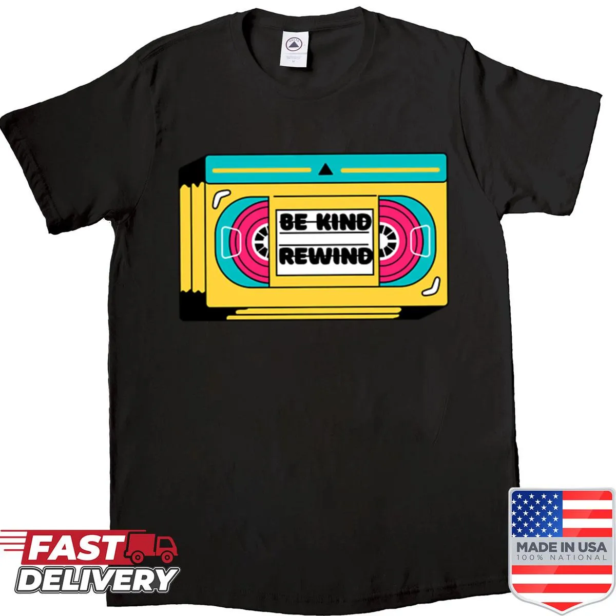 Vintage VHS tape shirt with 'Be Kind Rewind' text graphic