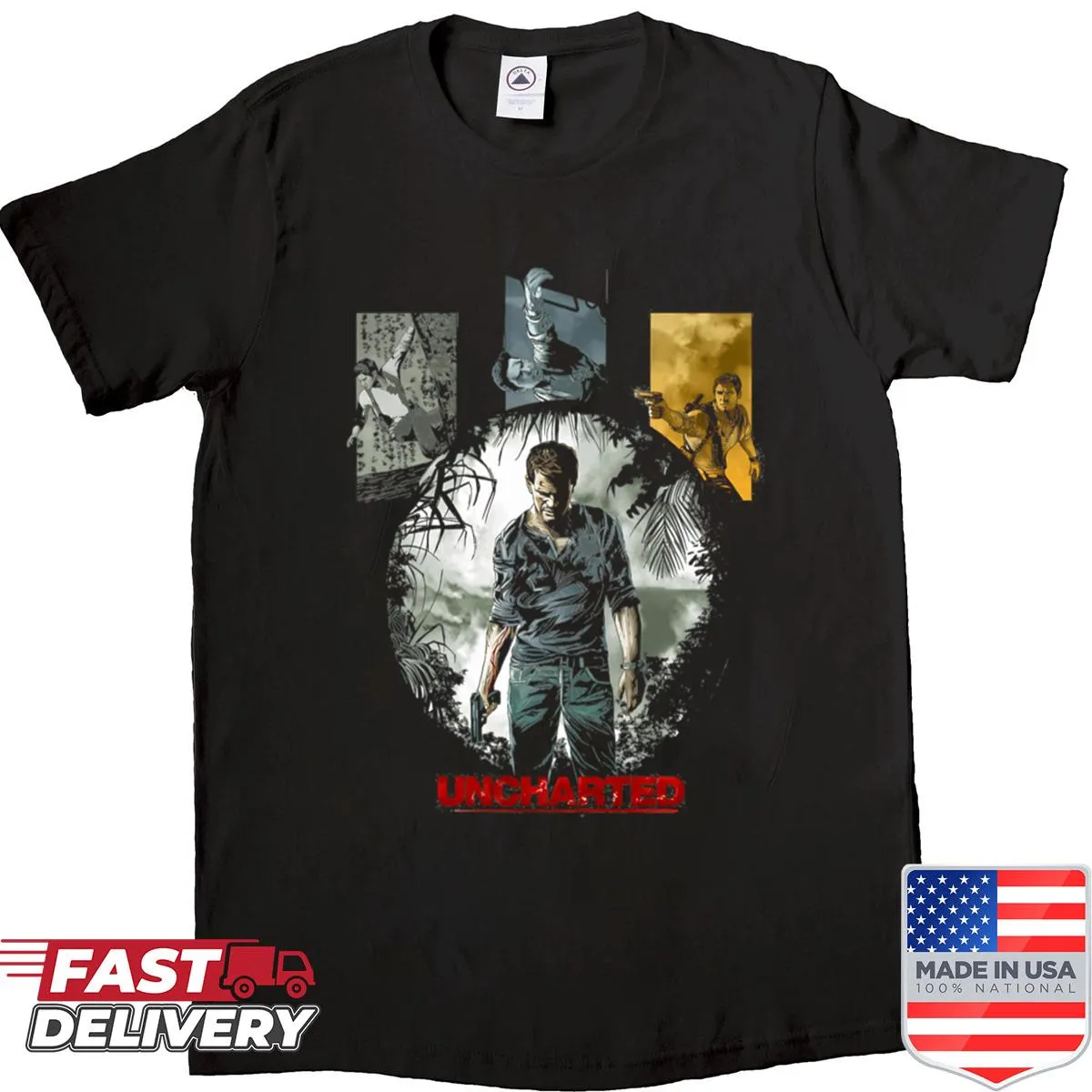 Illustrated shirt featuring Uncharted characters for gaming fans