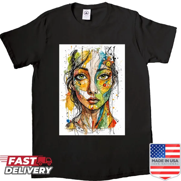 Abstract art shirt featuring a stylized woman design