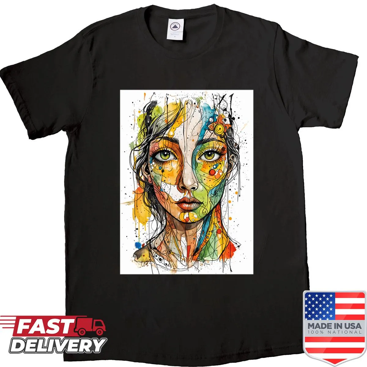Abstract art shirt featuring a stylized woman design