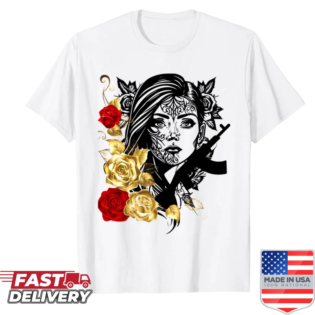 Illustrative shirt of a woman's face with roses and a tattoo, symbolizing confidence.