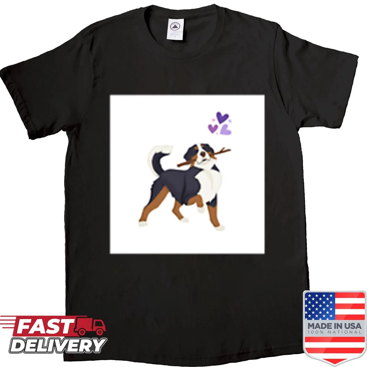 Playful Bernese Mountain Dog graphic on a t-shirt