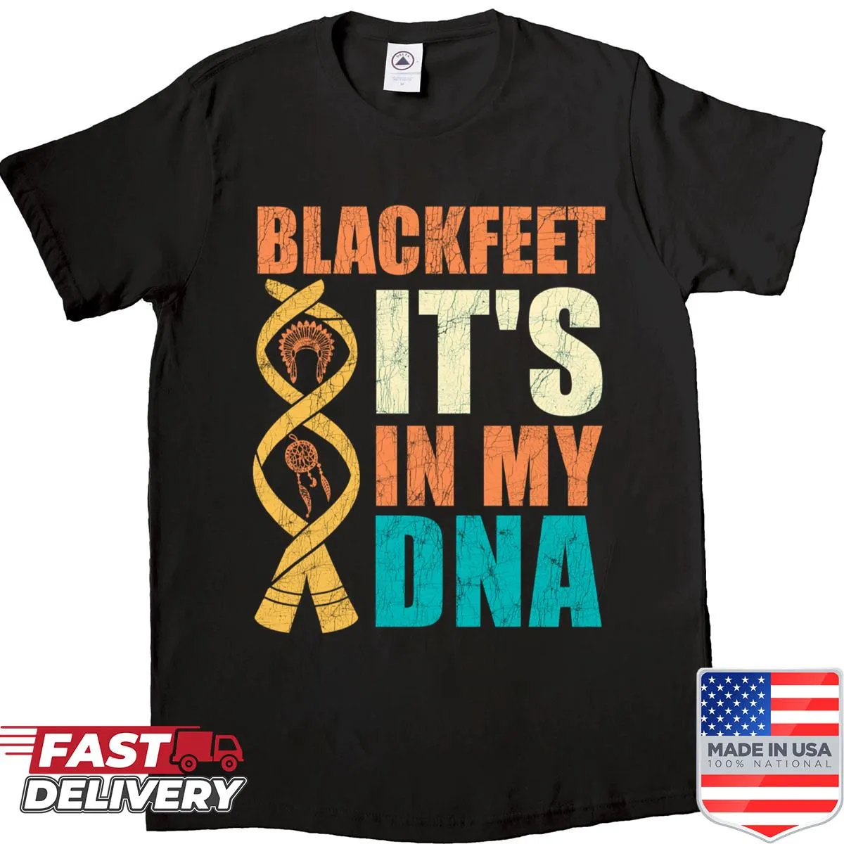 Artistic design inspired by Blackfeet Native American culture on shirt