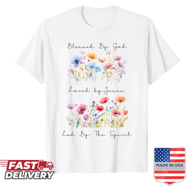 Illustrative faith shirt with wildflowers and spiritual text