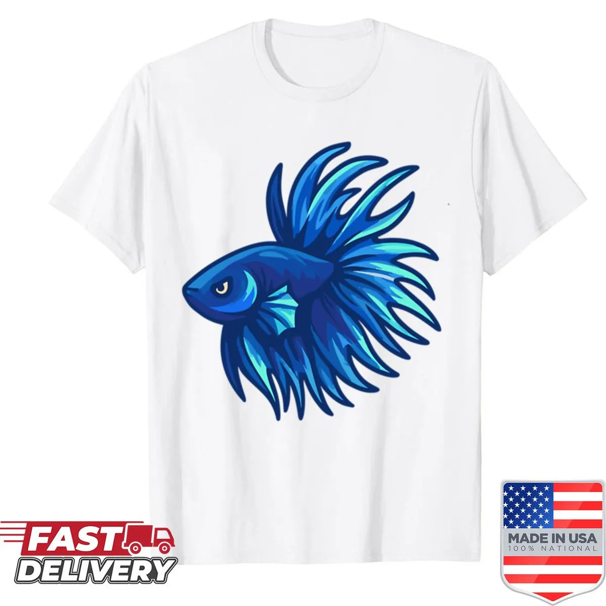 Illustration of a blue betta fish on a t-shirt