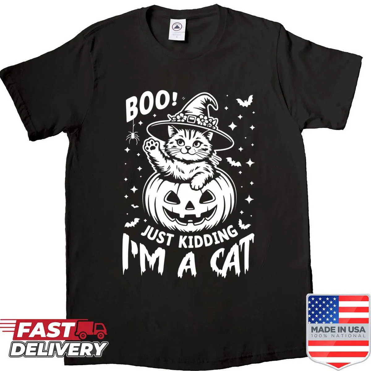 Halloween themed T-shirt with cat and pumpkin design