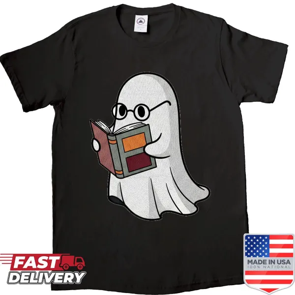 Friendly bookish ghost surrounded by books on a shirt