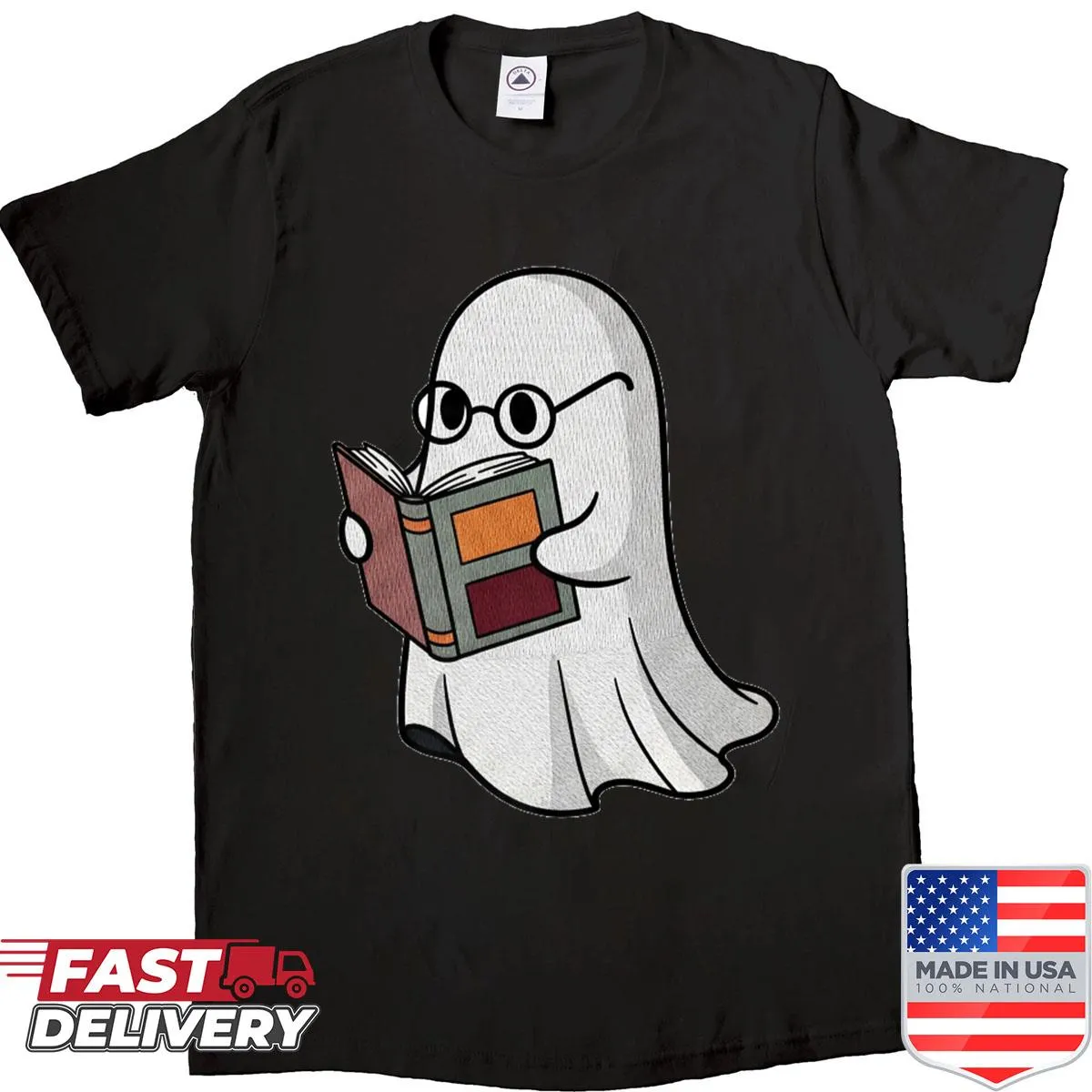 Friendly bookish ghost surrounded by books on a shirt