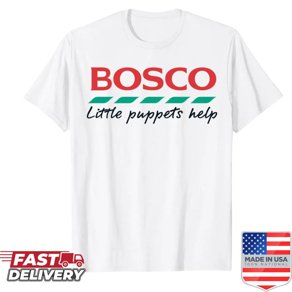 Retro 80s design shirt featuring Bosco's Little Puppets