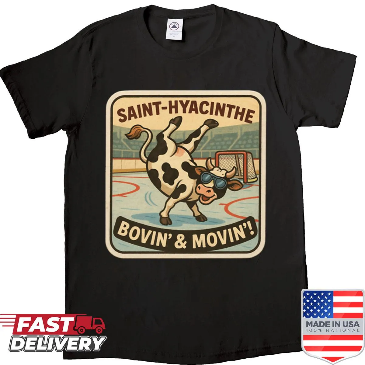 Illustration of a breakdancing cow on Bovin Movin shirt
