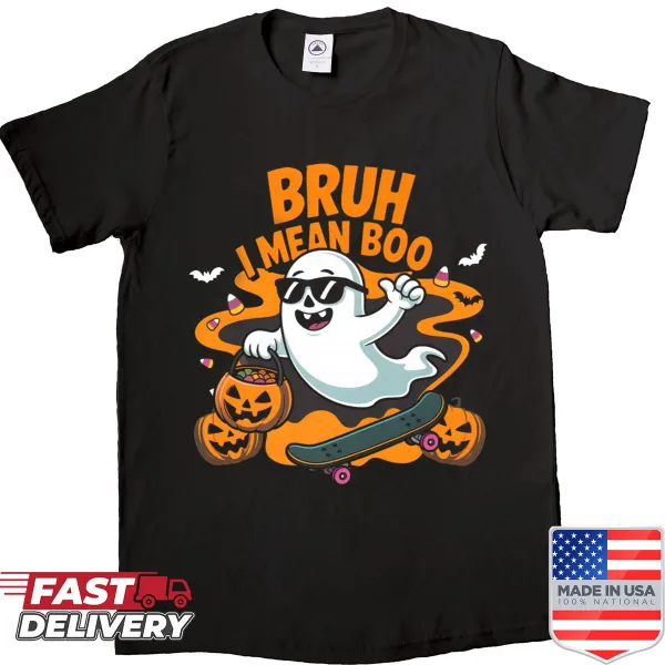 Funny Halloween shirt with ghost and text 'Bruh I Mean Boo'