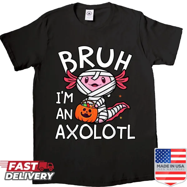 Cartoon axolotl with funny phrase on kids Halloween shirt