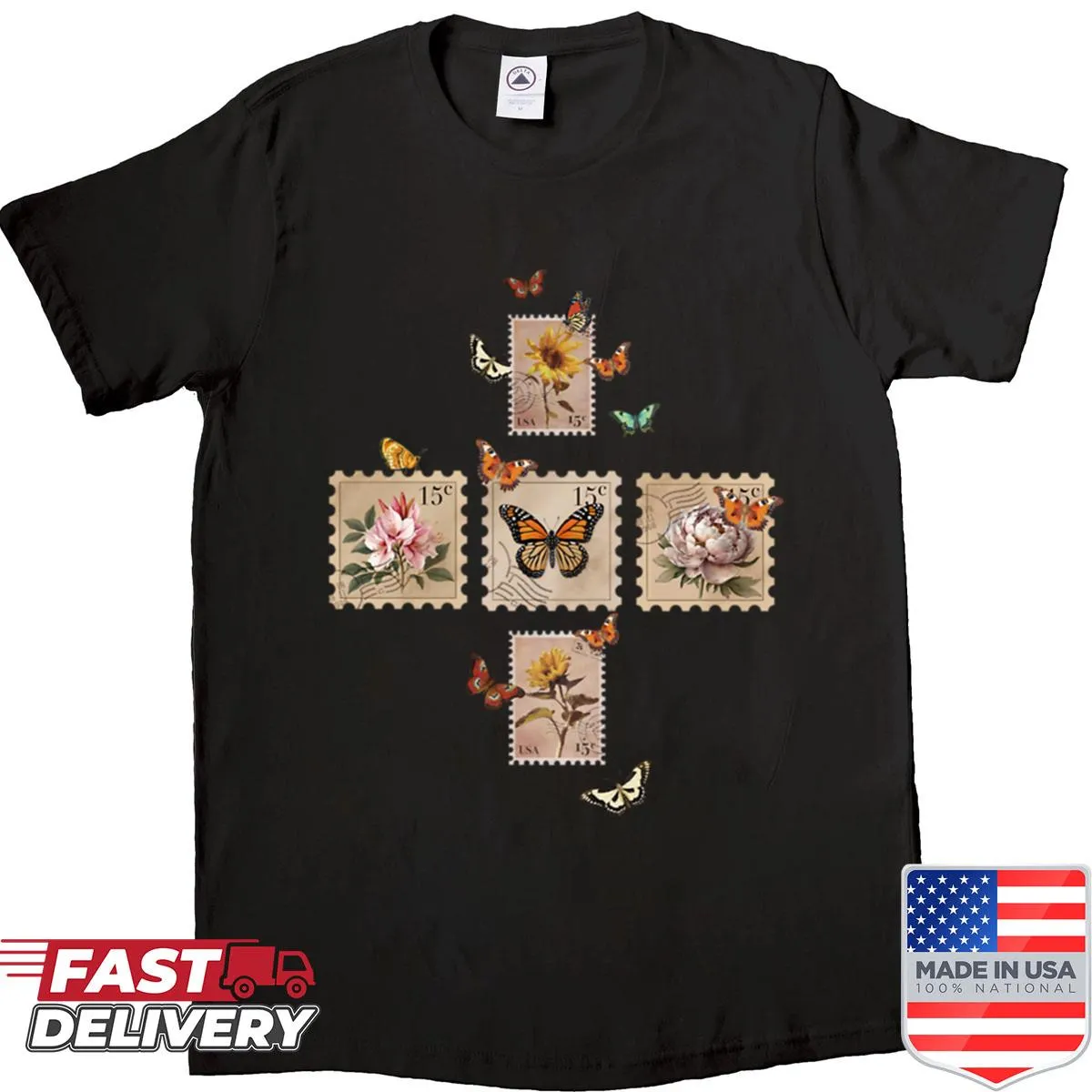 T-shirt featuring butterflies and stamp designs