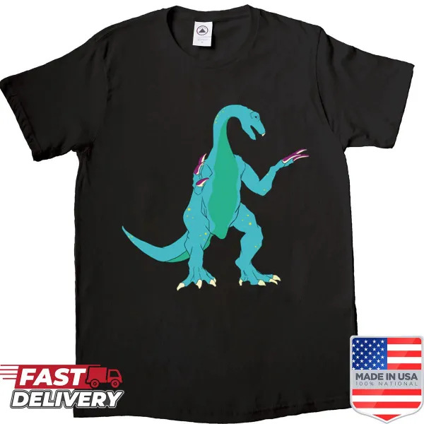 Cartoon Therizinosaurus with nail polish graphic on a T-shirt