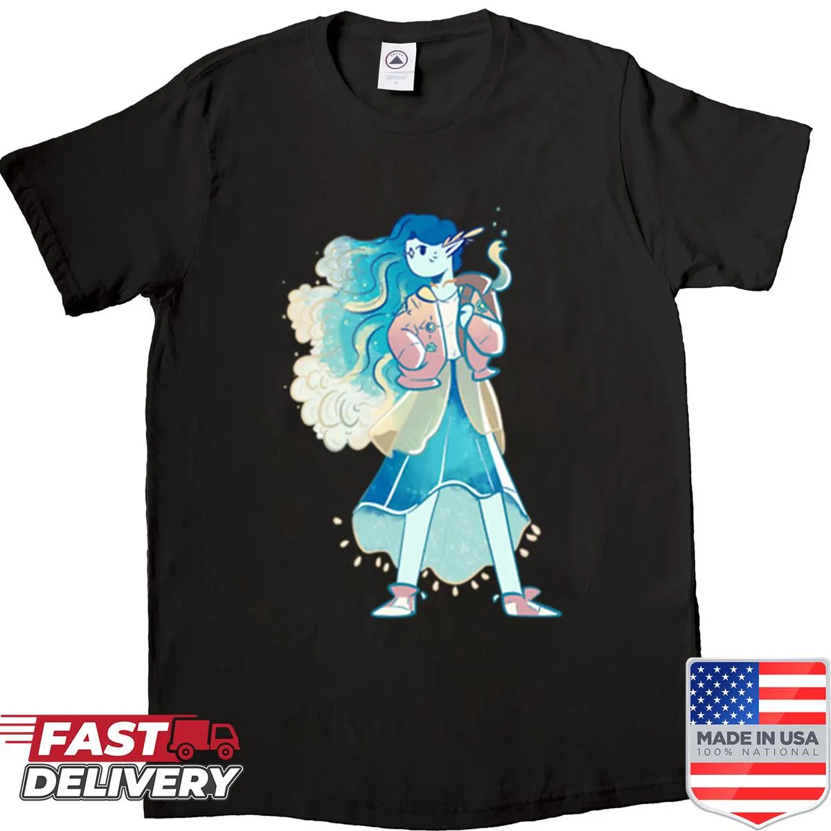 Whimsical illustration of a casual fae on a shirt