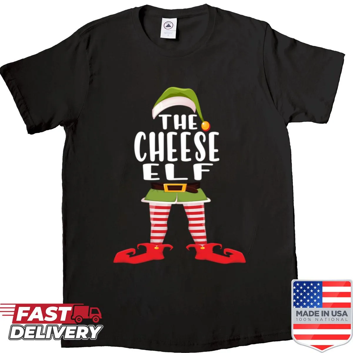 Funny Christmas shirt featuring a cheese-themed elf design for families