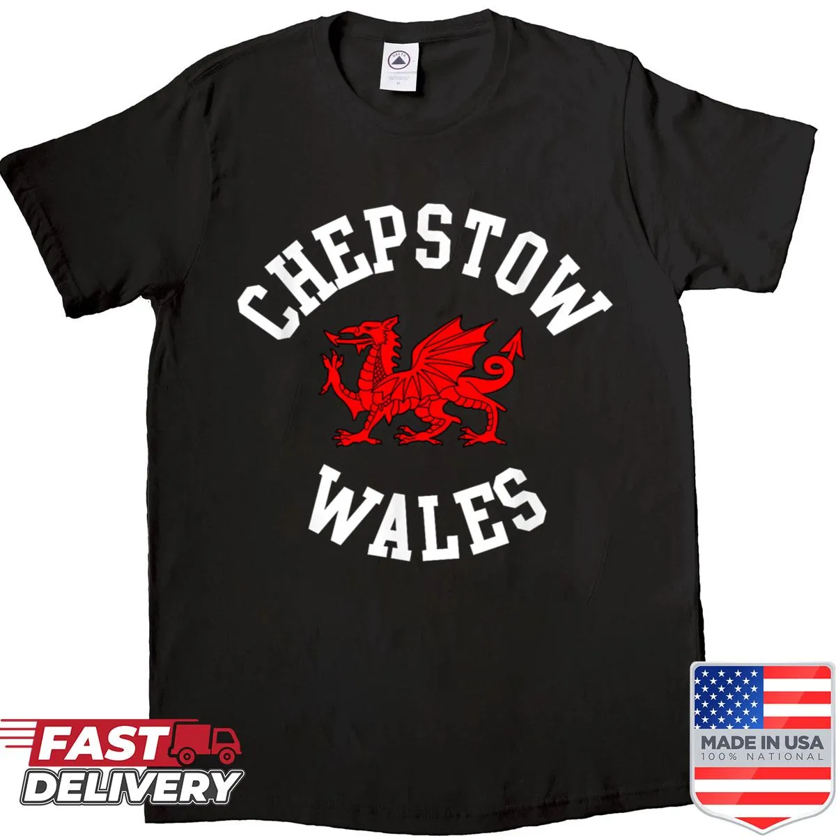 Welsh dragon illustration on a shirt representing Chepstow, suitable for all ages.