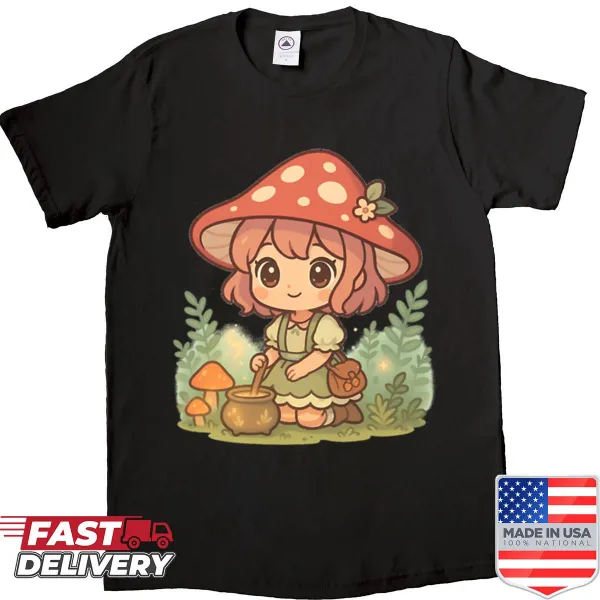 Cute chibi mushroom witch design T-shirt for fantasy lovers