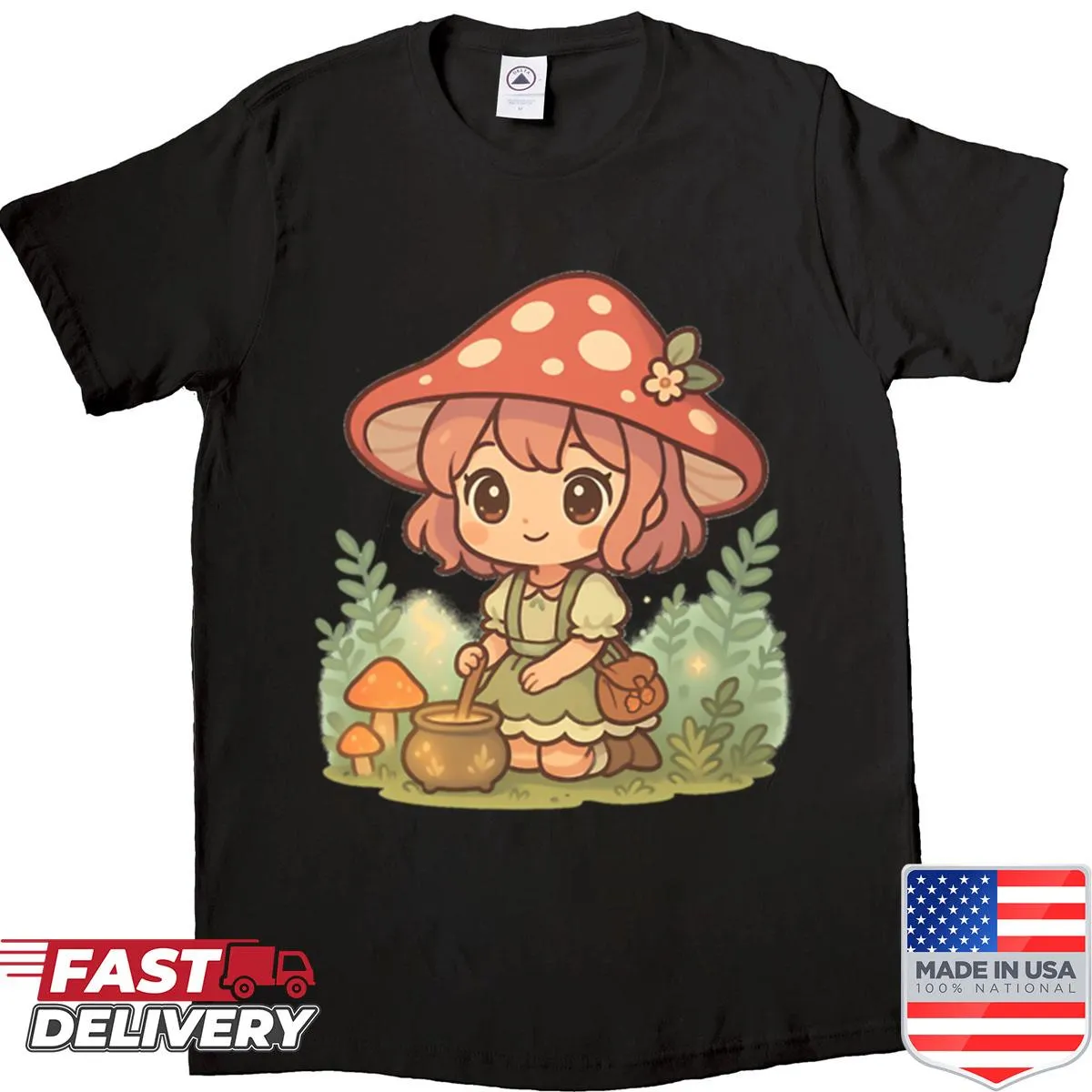 Cute chibi mushroom witch design T-shirt for fantasy lovers