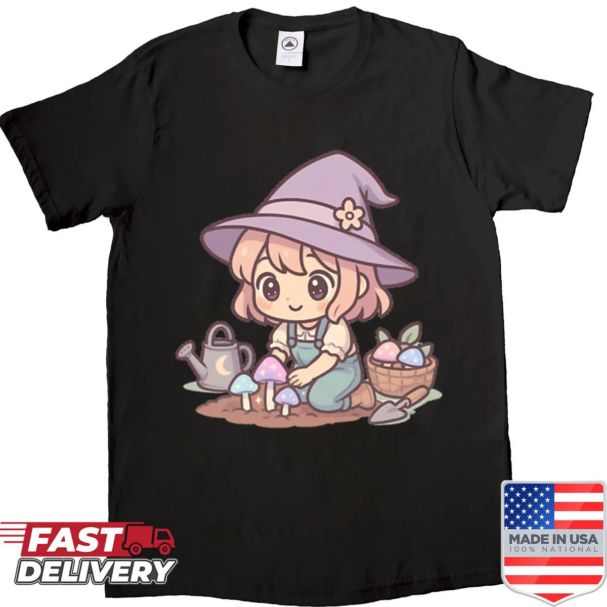 Cute shirt with a chibi witch planting magical mushrooms