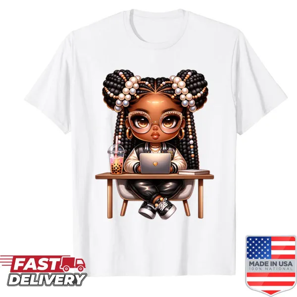 Chic illustration of a brown girl with headband on trendy T-shirt