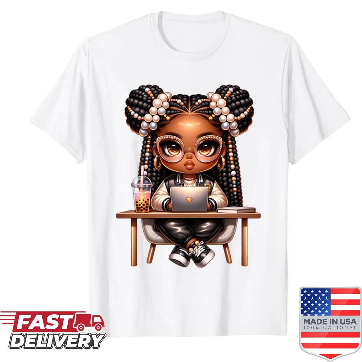 Chic illustration of a brown girl with headband on trendy T-shirt