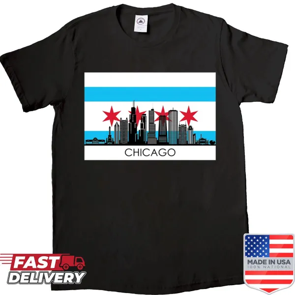 T-shirt featuring an artistic Chicago skyline design on a flag background