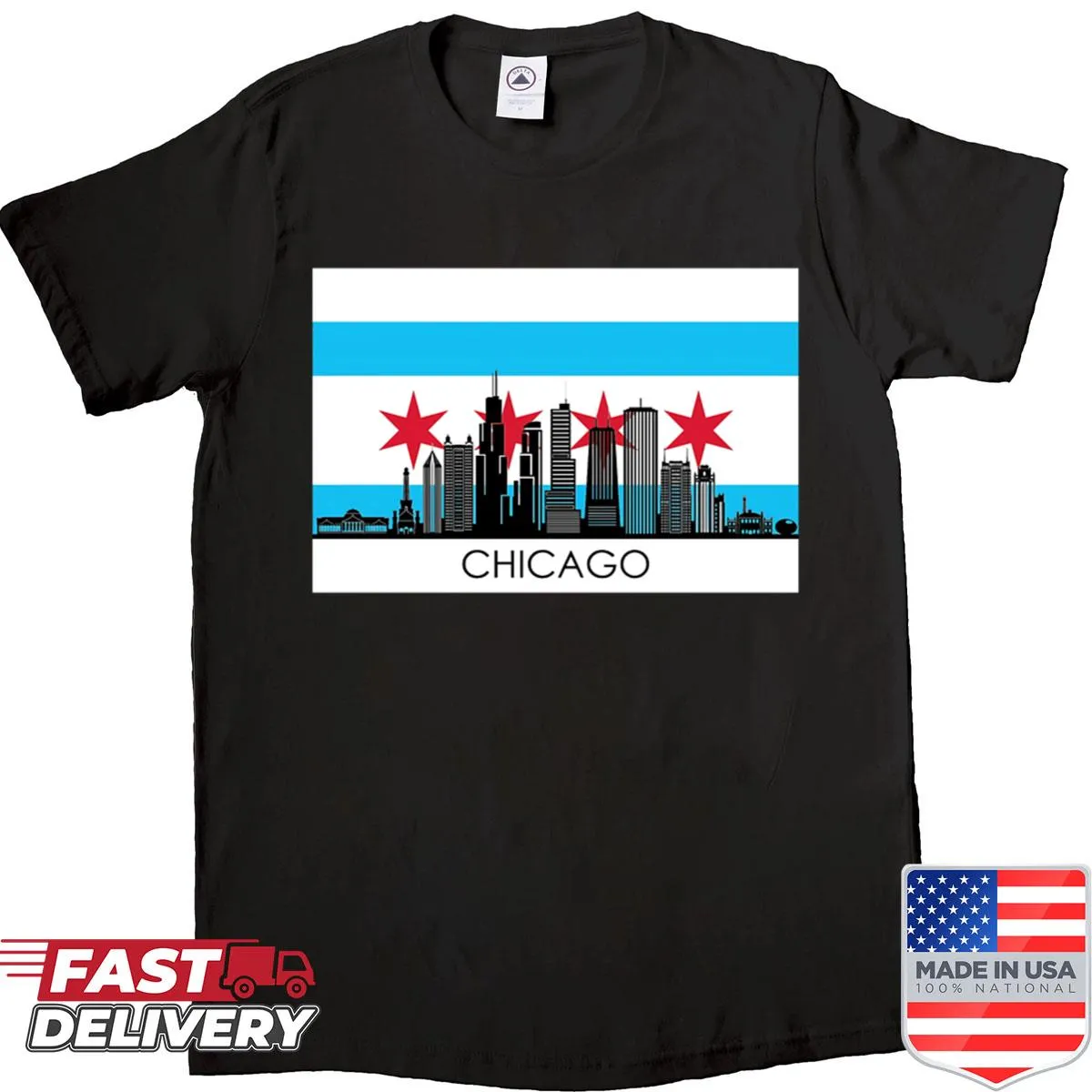 T-shirt featuring an artistic Chicago skyline design on a flag background