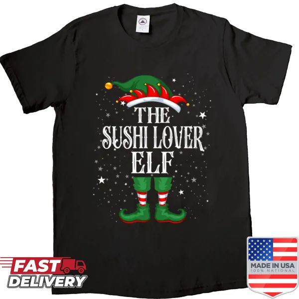 Funny sushi-loving elf graphic on a Christmas shirt