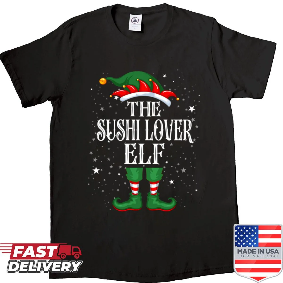 Funny sushi-loving elf graphic on a Christmas shirt