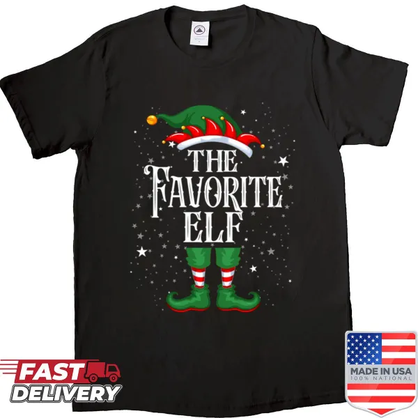 Family matching shirt with a cartoon elf and text 'The Favorite Elf' for Christmas