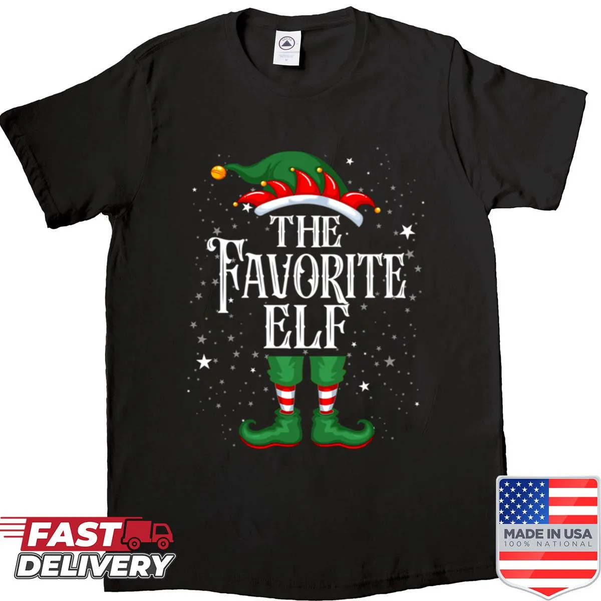 Family matching shirt with a cartoon elf and text 'The Favorite Elf' for Christmas