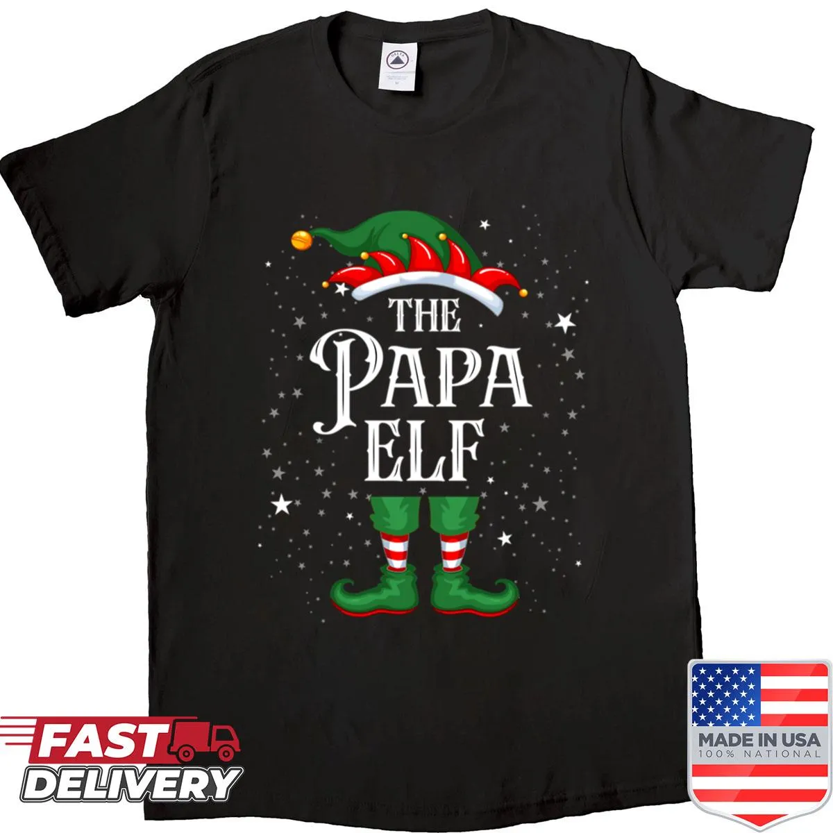 Funny Christmas Elf design saying 'The Papa Elf' on a T-shirt.