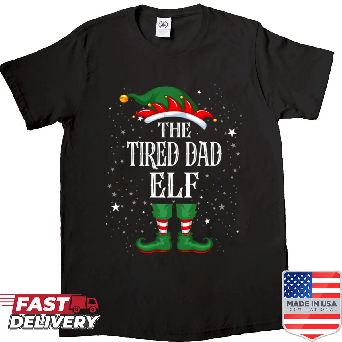 Funny Christmas Elf shirt featuring a tired dad elf cartoon design.