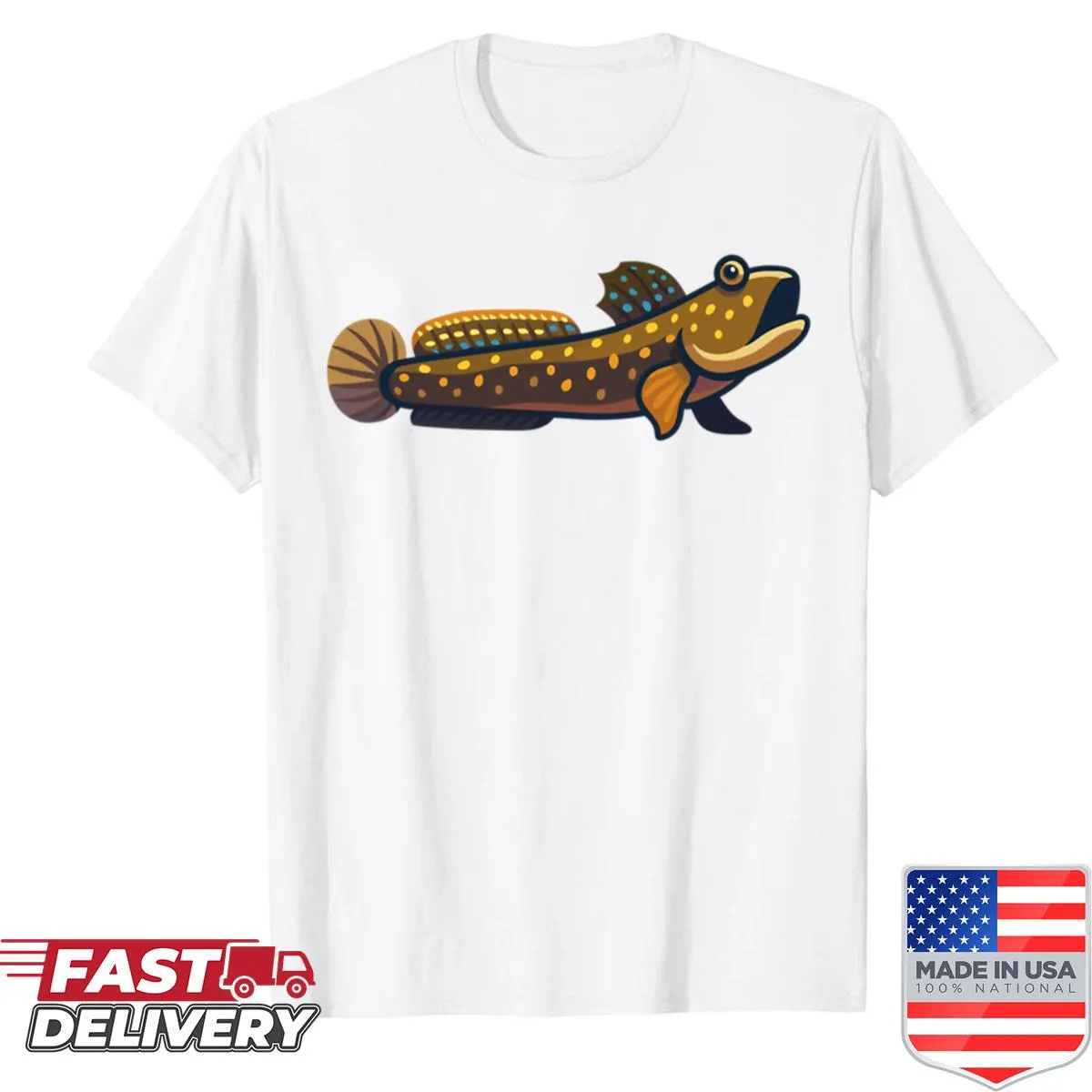 Illustration of a mudskipper fish on a t-shirt