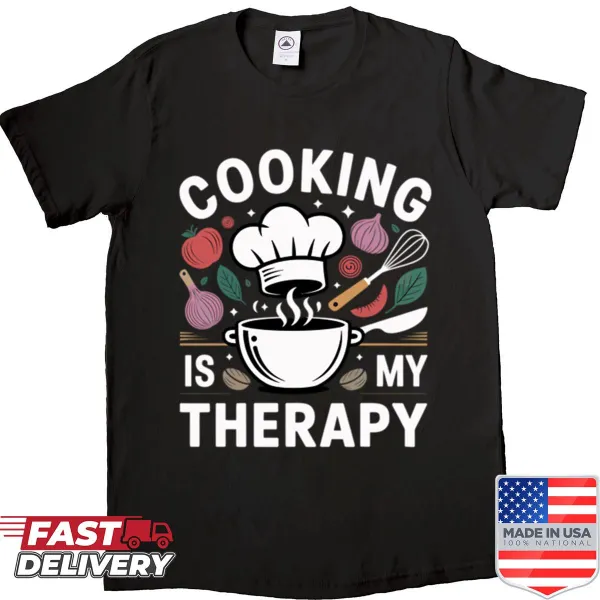 Charming Cooking Is My Therapy shirt with kitchen graphic