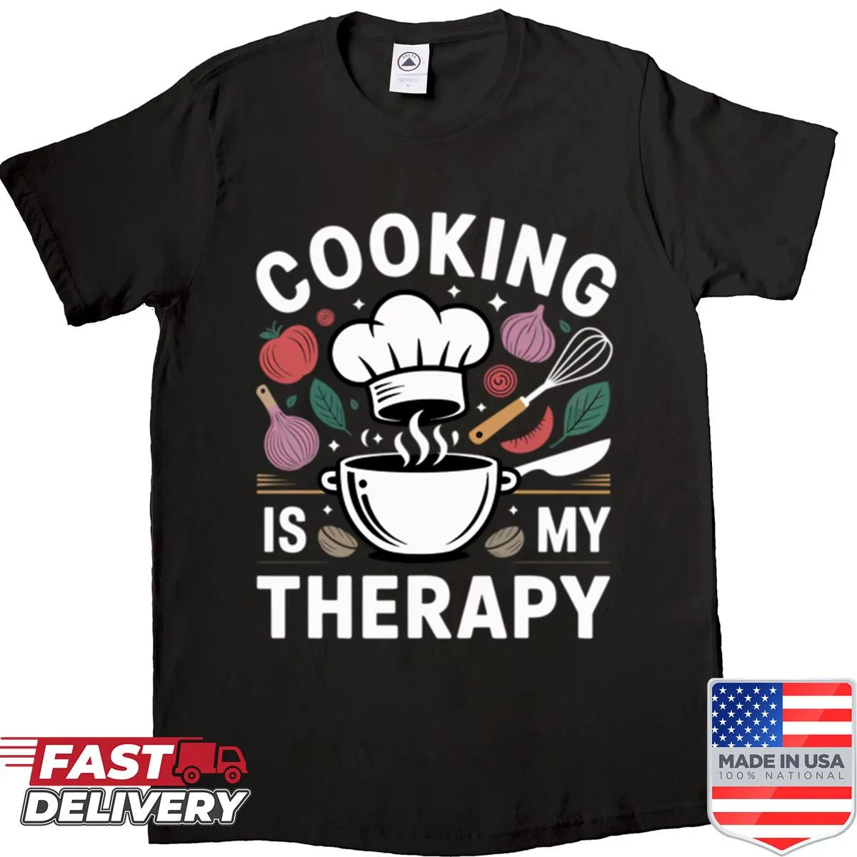 Charming Cooking Is My Therapy shirt with kitchen graphic