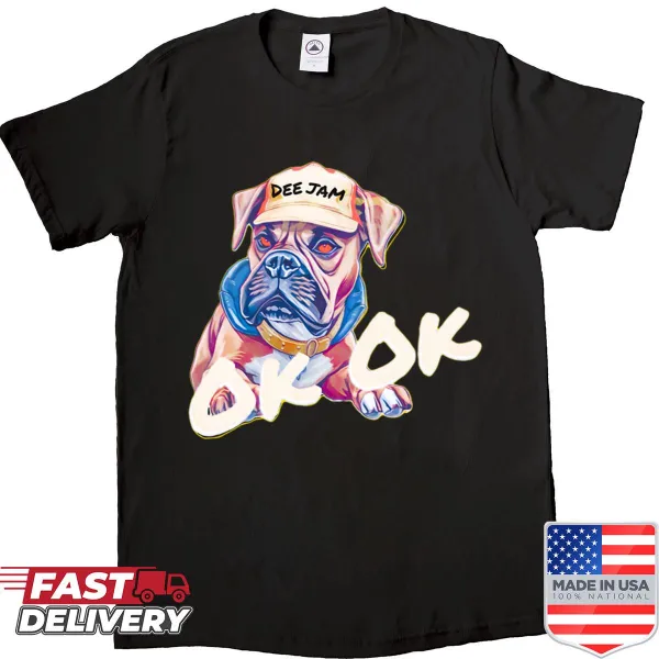 Graphic shirt featuring a bulldog with red eyes and a cap