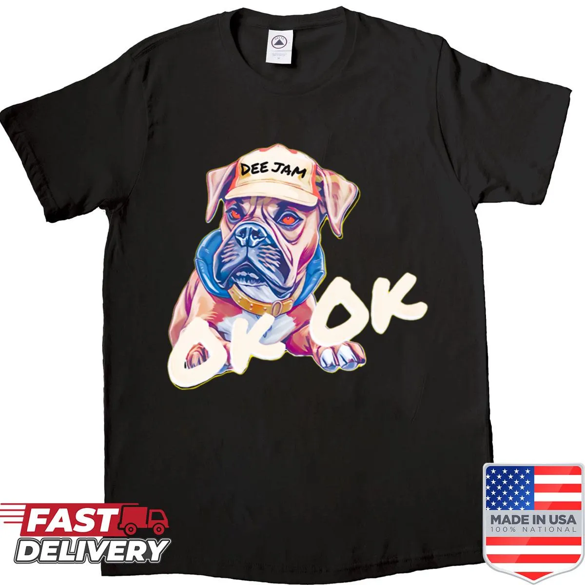 Graphic shirt featuring a bulldog with red eyes and a cap
