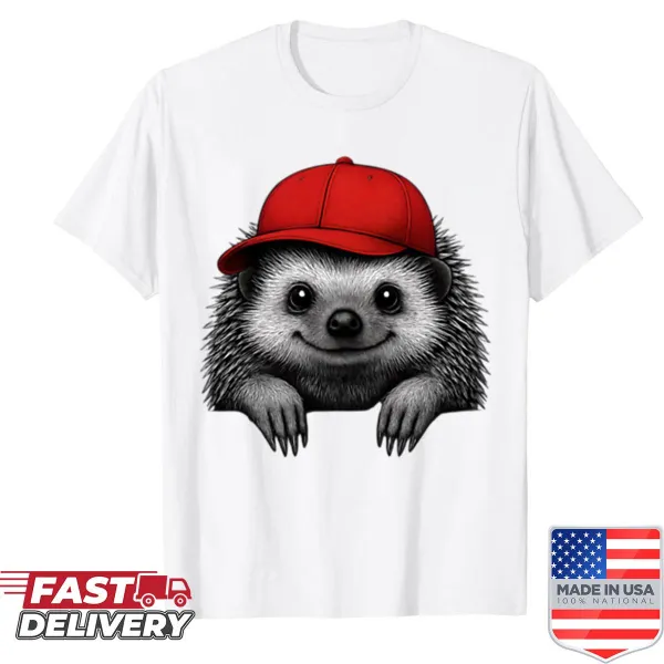 Cartoon hedgehog in red cap graphic on an oversized shirt