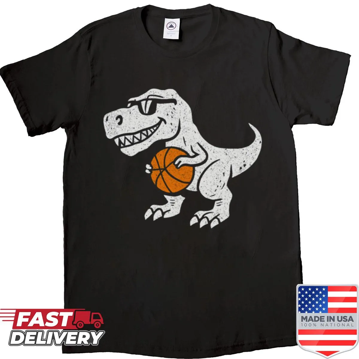 Cartoon T-rex dribbling a basketball in a humorous sports shirt graphic
