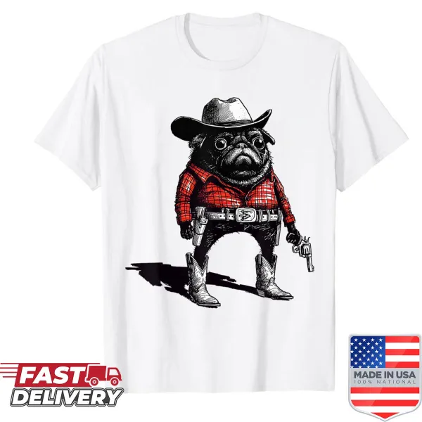 Funny shirt featuring a cowboy pug in western attire